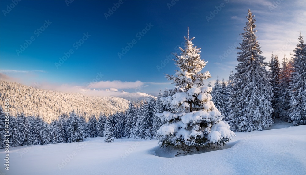Obraz premium Beautiful with snow covered christmas tree in a snowy winterlandscape