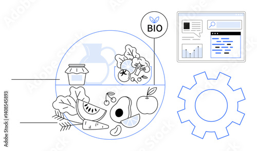 Organic fruits, vegetables with a jar and jug, BIO label, and data dashboard interface, complemented by a gear graphic. Ideal for organic food, data analytics, farming tools, eco-lifestyle agritech