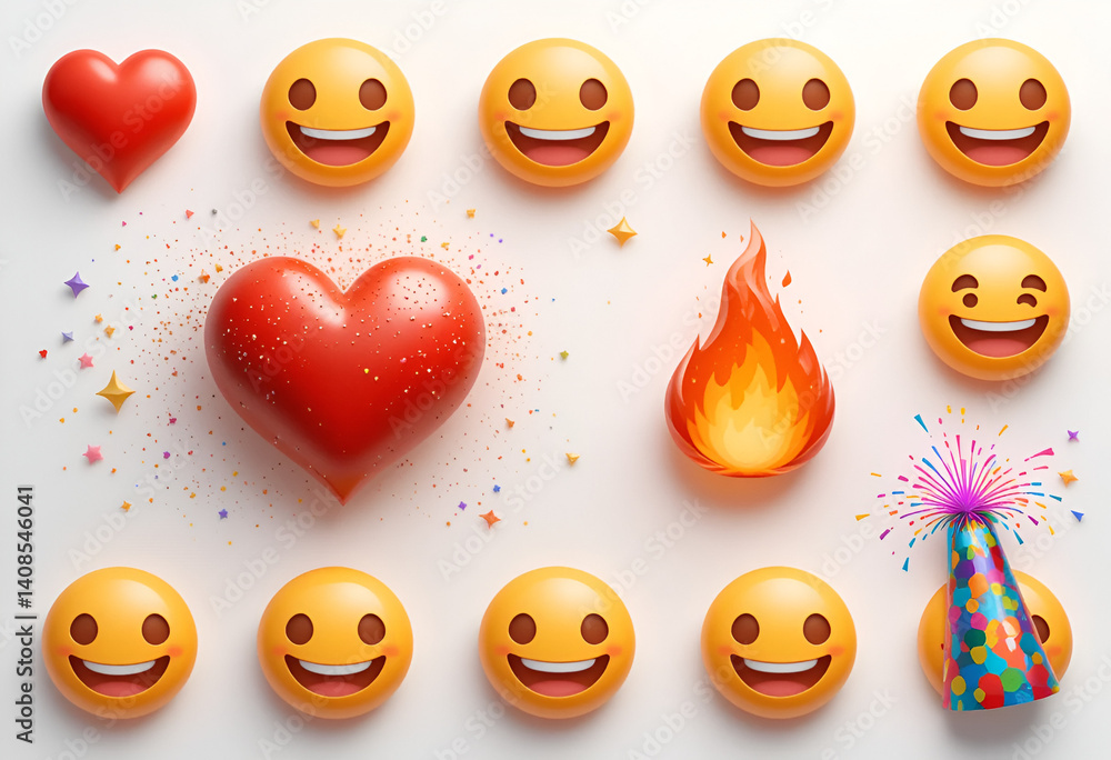 Set of 3D realistic emojis isolated on white background. Shiny sparkles, red heart, fiery flame, and colorful party popper emoji. Vector-style icons with soft shadows, vibrant colors, and modern minim Set of 3D realistic emojis isolated on white background. Shiny sparkles, red heart, fiery flame, and colorful party popper emoji. Vector-style icons with soft shadows, vibrant colors, and modern minim