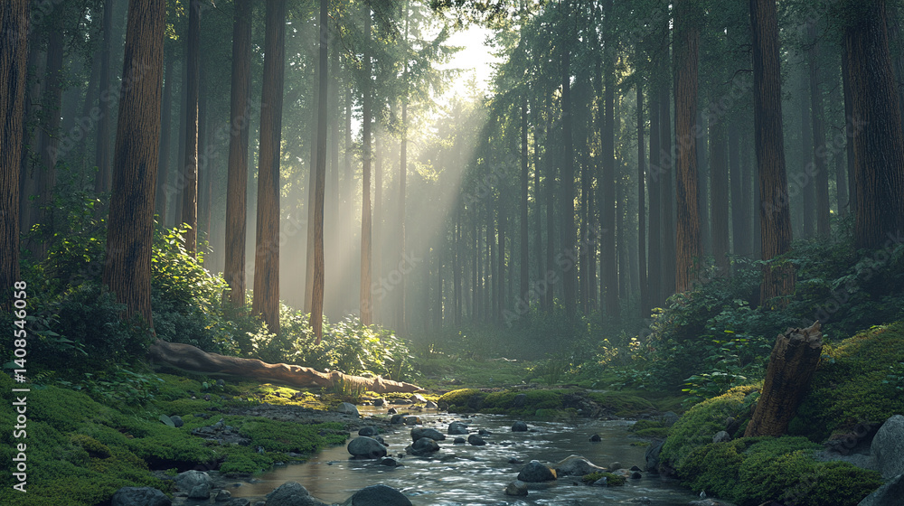 Fototapeta premium Sunbeams filtering through a dense conifer forest above a calm rocky creek and lush undergrowth during morning hours.