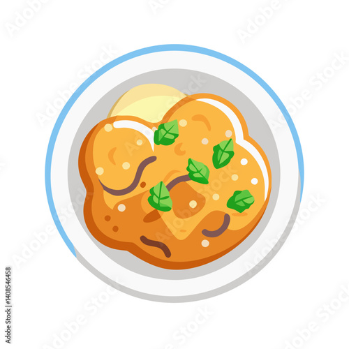 Illustration of chicken paprikash with dumplings on a plate