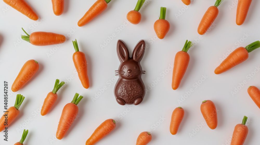 coelho de chocolate com cenouras pequenas ao redor, em fundo branco coelho de chocolate com cenouras pequenas ao redor, em fundo branco