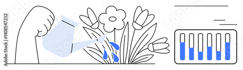 Hand pours water onto flowers, signifying nurturing, growth, and development. Progress bar indicates improvement. Ideal for self-growth, business success, education, gardening sustainability
