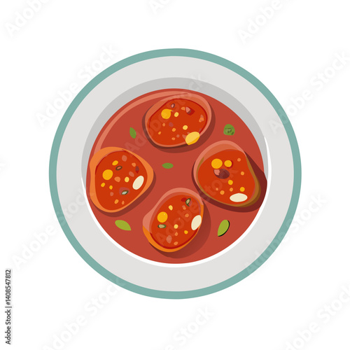 Illustration of stuffed pasta in red sauce on plate