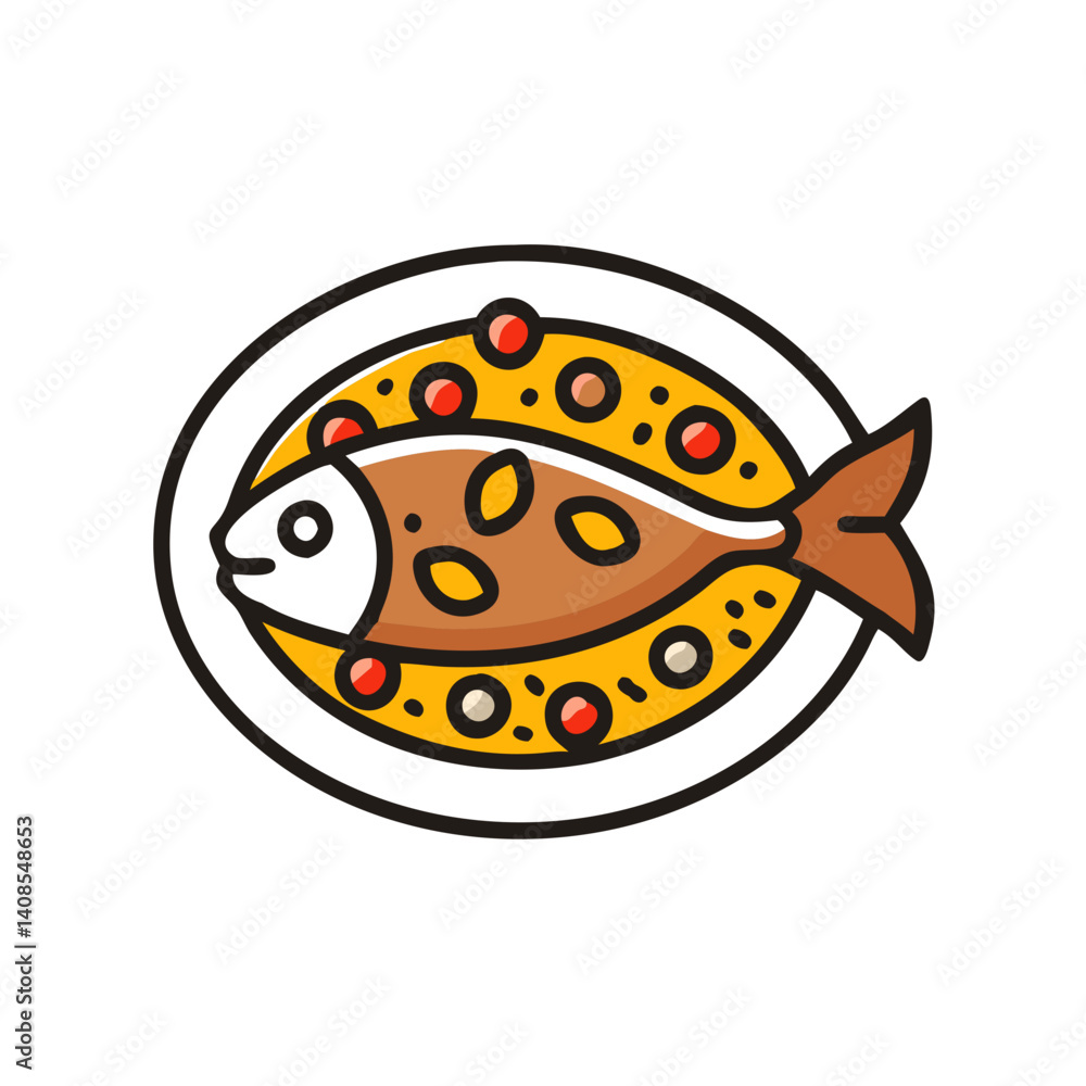 Grilled Fish Dish Illustration with Sauce and Tomatoes Grilled Fish Dish Illustration with Sauce and Tomatoes