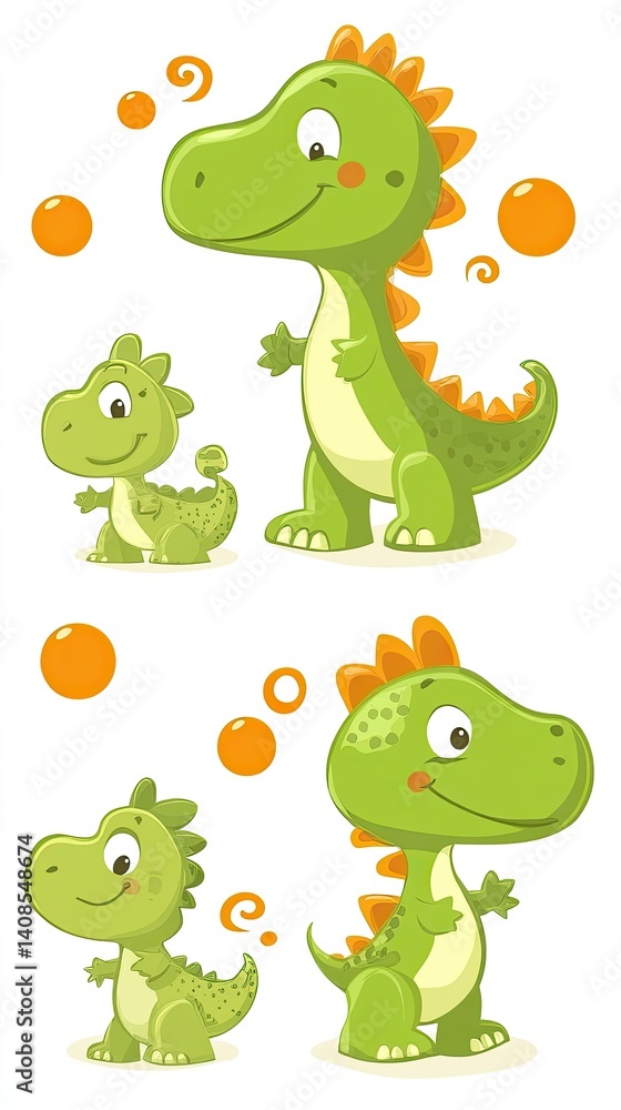 Obraz premium Cute cartoon dinosaurs in various sizes and poses.
