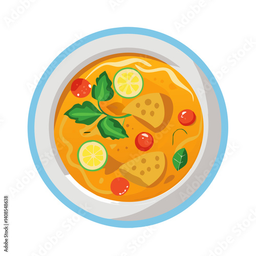 Delicious Tom Yum Soup Illustration in Bowl on Black