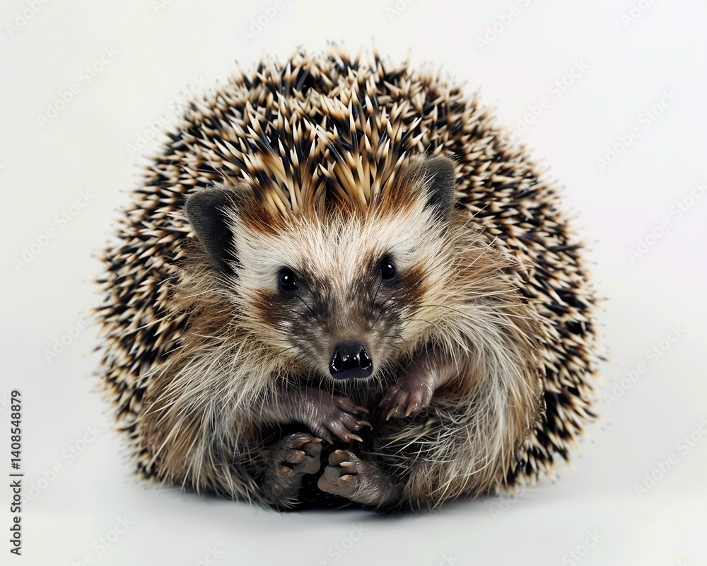 Hedgehog curled into ball sharp spines contrasting with soft belly fur tiny black eyes realistic white background Hedgehog curled into ball sharp spines contrasting with soft belly fur tiny black eyes realistic white background