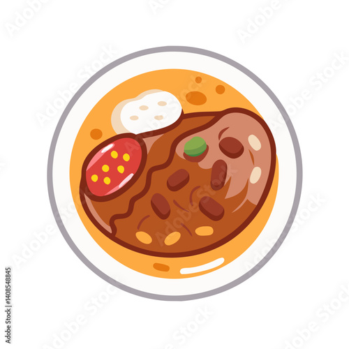 Cartoon Illustration of Bean Stew Bowl with Toppings