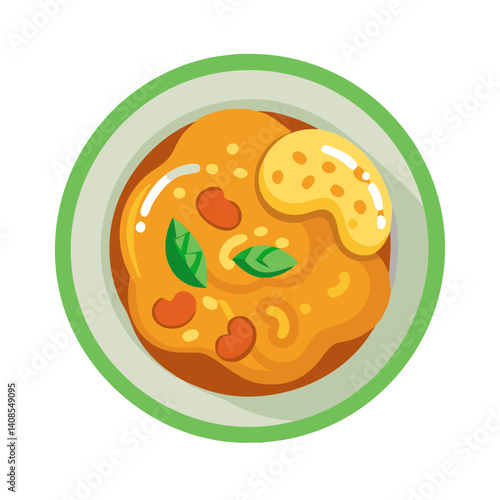Kidney Bean Curry Illustration with Naan and Basil