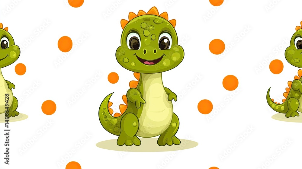 Fototapeta premium Repeating pattern of cheerful, cartoon dinosaurs on a white background.