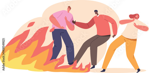 Scared people running from fire