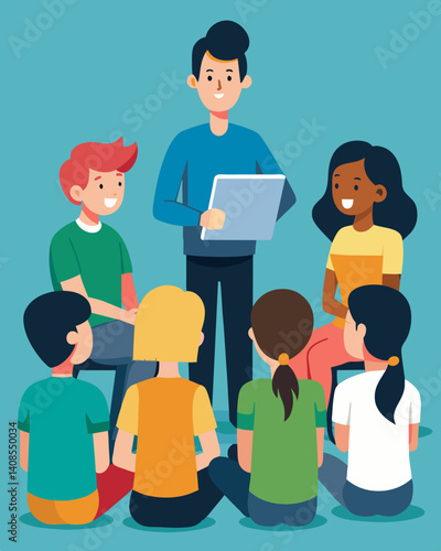 A group of teens watching a presentation from a guest speaker who shares personal stories and tips about staying safe online.. Vector illustration
