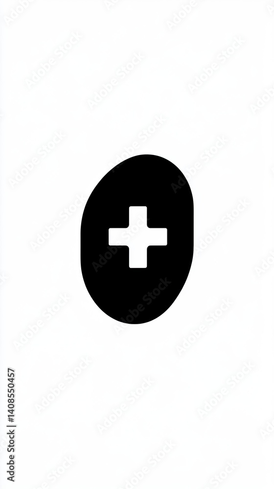 Fototapeta premium Simple black plus symbol inside an oval shape.
