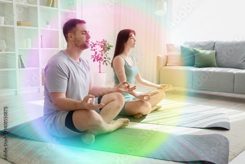Sporty young couple meditat...