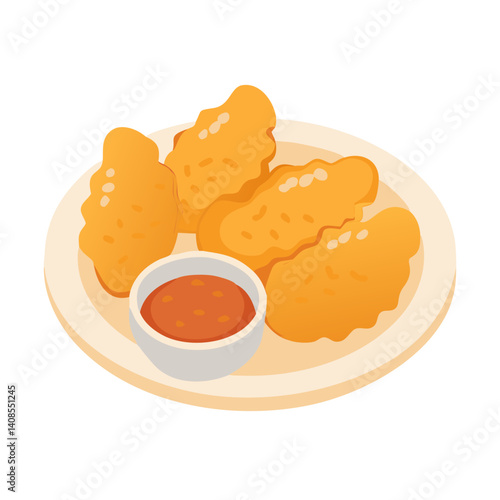 Chicken nuggets with dipping sauce on plate illustration