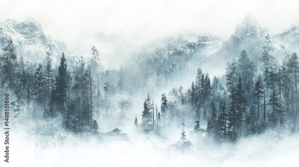 Fototapeta premium Misty mountain peaks, blanketed in winter snow.