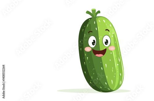 A cartoon cucumber with facial features is set against a transparent backdrop, serving as a child-friendly icon, and is depicted in a flat, illustrative style with eyes, nose, and a smile