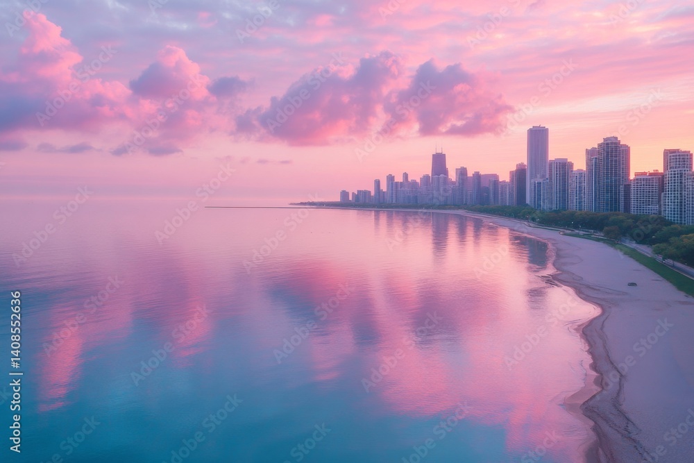Fototapeta premium Sunset aerial view of a modern city skyline beside a calm ocean shoreline
