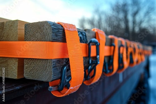 Close-up of orange ratchet straps securing cargo on a transport truck outdoors