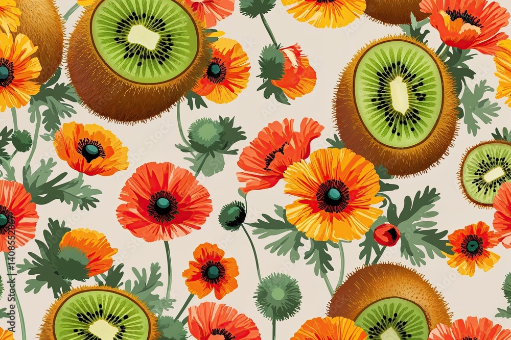 Playful Kiwifruit and Bright Poppy Pattern on Beige Background Playful Kiwifruit and Bright Poppy Pattern on Beige Background