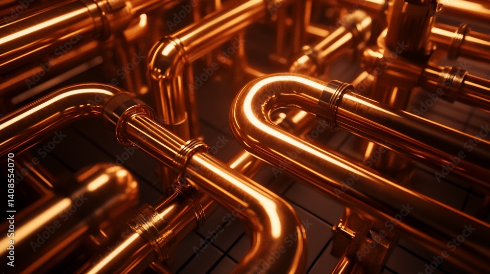 Naklejka premium Detailed view of a network of copper pipes and connections in a complex configuration