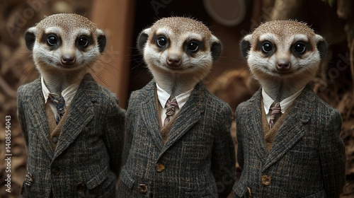 Three dapper meerkats in matching suits and ties stand side-by-side