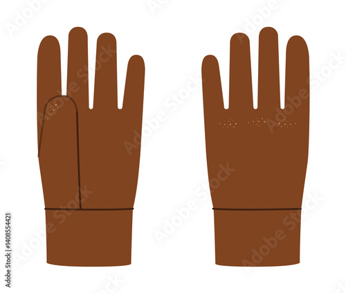 Fleece Gloves brown cartoon Fashion hand accessory clothing technical illustration garment. Vector front palm back view for Men, women, unisex style flat template CAD mockup sketch on white background