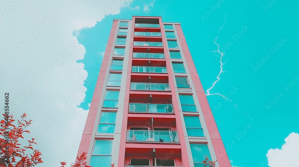 Modern Pink Apartment Building Against Vibrant Sky with Lightning Modern Pink Apartment Building Against Vibrant Sky with Lightning