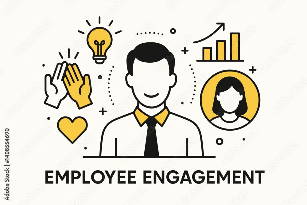 Employee engagement. Modern flat line art illustration. Trendy outline vector graphic elements. Creative concept. Black and yellow colors isolated on white background Employee engagement. Modern flat line art illustration. Trendy outline vector graphic elements. Creative concept. Black and yellow colors isolated on white background