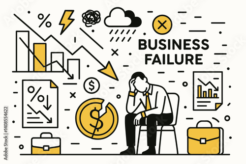 Business failure. Modern flat line art illustration. Trendy outline vector graphic elements. Creative concept. Black and yellow colors isolated on white background
