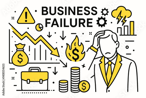 Business failure. Modern flat line art illustration. Trendy outline vector graphic elements. Creative concept. Black and yellow colors isolated on white background