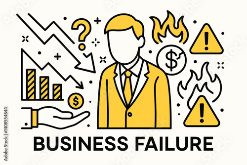 Business failure. Modern flat line art illustration. Trendy outline vector graphic elements. Creative concept. Black and yellow colors isolated on white background