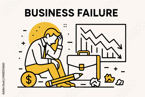 Business failure. Modern flat line art illustration. Trendy outline vector graphic elements. Creative concept. Black and yellow colors isolated on white background