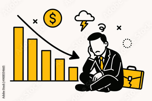 Business failure. Modern flat line art illustration. Trendy outline vector graphic elements. Creative concept. Black and yellow colors isolated on white background