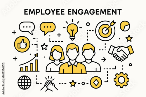 Employee engagement. Modern flat line art illustration. Trendy outline vector graphic elements. Creative concept. Black and yellow colors isolated on white background