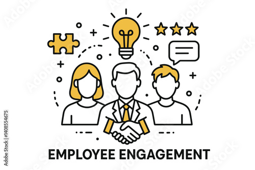 Employee engagement. Modern flat line art illustration. Trendy outline vector graphic elements. Creative concept. Black and yellow colors isolated on white background