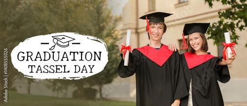 Happy students with diplomas outdoors. Banner for national Graduation Tassel Day