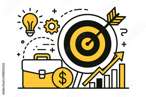 Business target. Modern flat line art illustration. Trendy outline vector graphic elements. Creative concept. Black and yellow colors isolated on white background