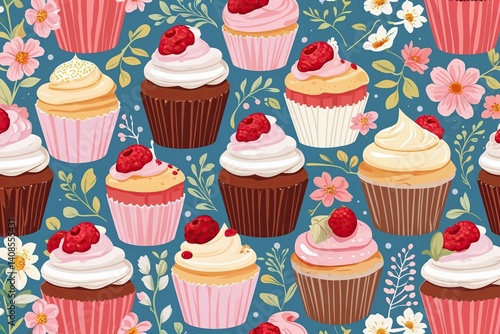 Wallpaper Mural Decorating Gift Wrap and Cards with Floral Backgrounds and Dessert Cupcake Illustrations Torontodigital.ca