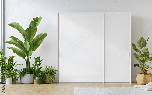 Wallpaper Mural Modern Minimalist Bedroom Interior Design with White Sliding Wardrobe and Potted Plants Torontodigital.ca