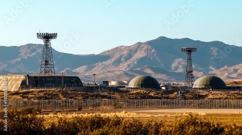Military base with communication towers and domes in desert landscape