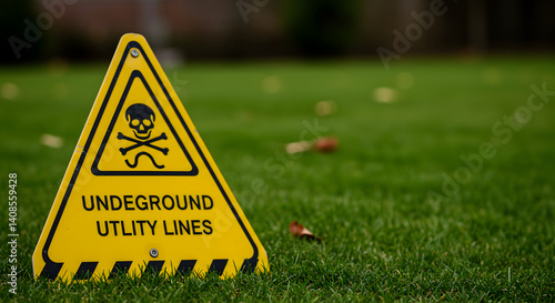 Cautionary Sign Advising Of Hidden Dangers Below In Lawn Area