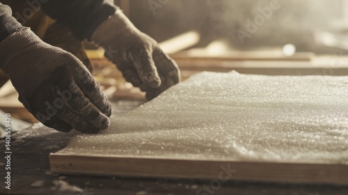 Insulation worker installing fiberglass panels in a residential home. Featuring energy efficiency and safety
