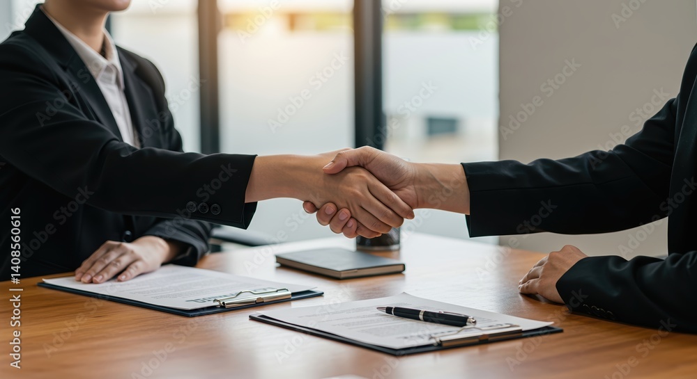 Business partners shaking hands during a meeting in an office Business partners shaking hands during a meeting in an office
