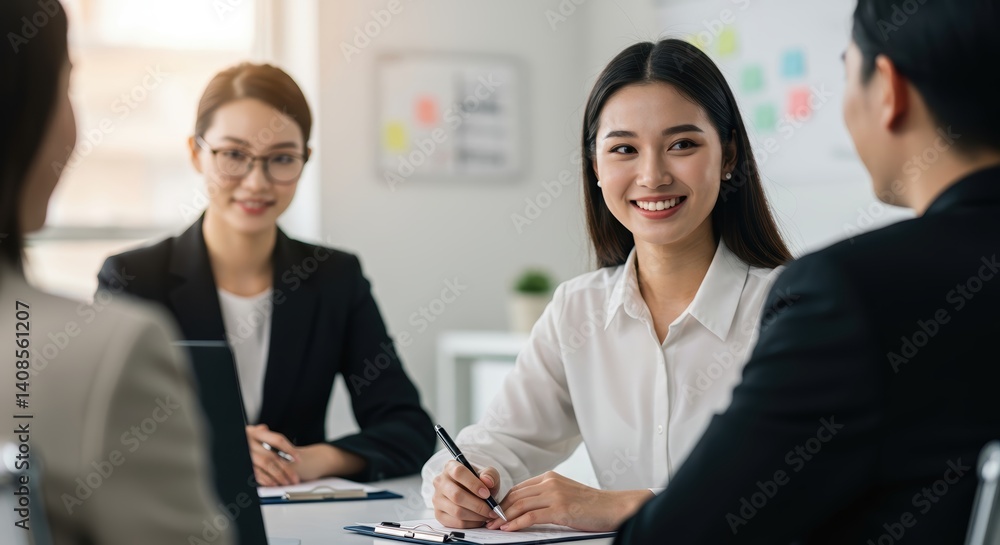 Business meeting with smiling professionals in an office setting Business meeting with smiling professionals in an office setting