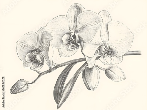 Elegant Orchid Sketch Blooming Flowers and Buds Botanical Drawing