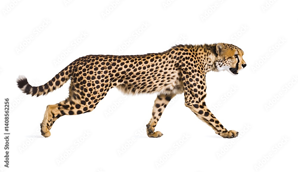 Obraz premium Graceful Cheetah Walking on White Background with Spotty Fur
