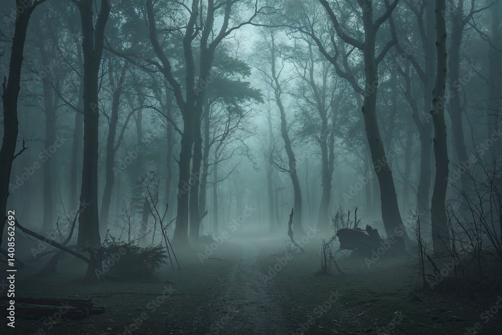 Obraz premium Eerie Foggy Forest Landscape with Abandoned Area
