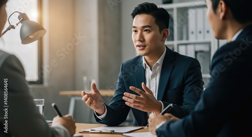 Professional man engaging in discussion during business meeting  